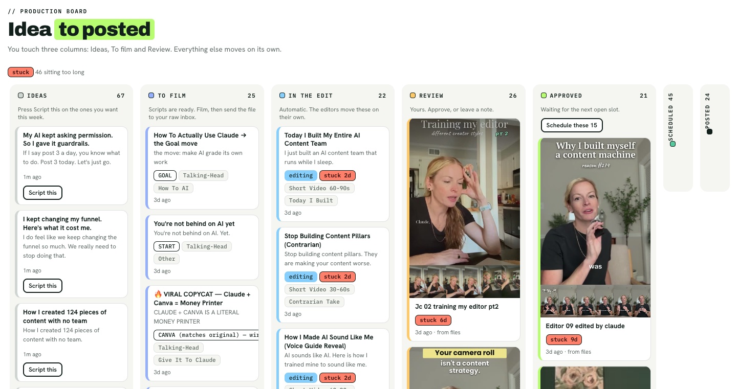 The production board: Ideas 67, To film 25, In the edit 22, Review 26, Approved 21, Scheduled 45, Posted 24