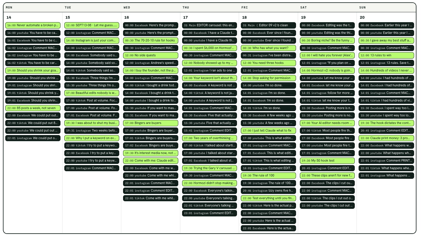 One week on the calendar, Sep 14 to 20: Instagram, TikTok, YouTube and Facebook posts stacked on every day
