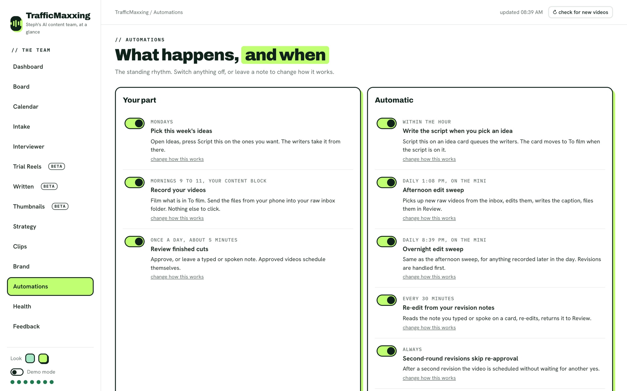 Automations: your part (pick ideas, record, review) and what runs automatically (scripting, edit sweeps, re-edits)