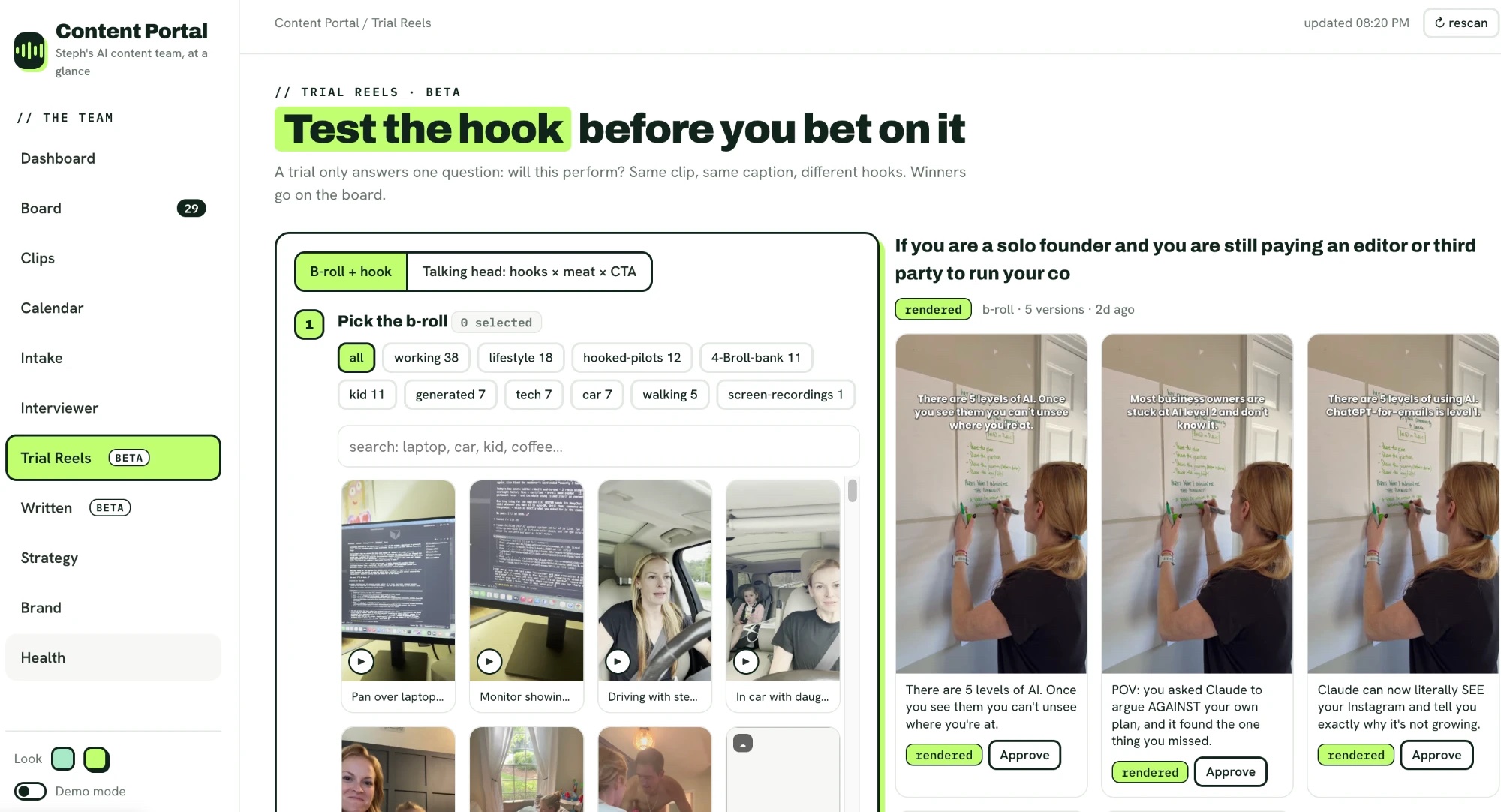 Trial Reels: pick b-roll, pair it with hooks, and render versions of the same clip with different hooks to test before betting on one