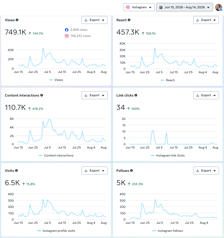Meta professional dashboard, Jun 15 to Aug 14 2026: 749.1K views, 457.3K reach, 110.7K content interactions, 6.5K profile visits, 5K follows